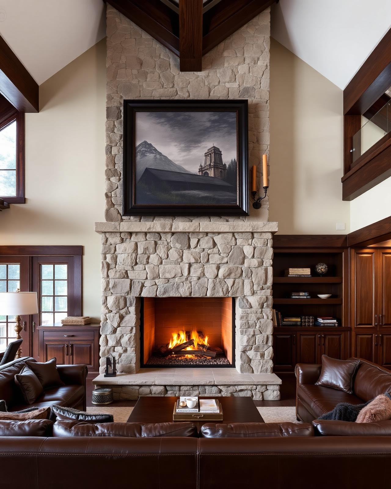 Mountain cabin great room with Black Pine canvas