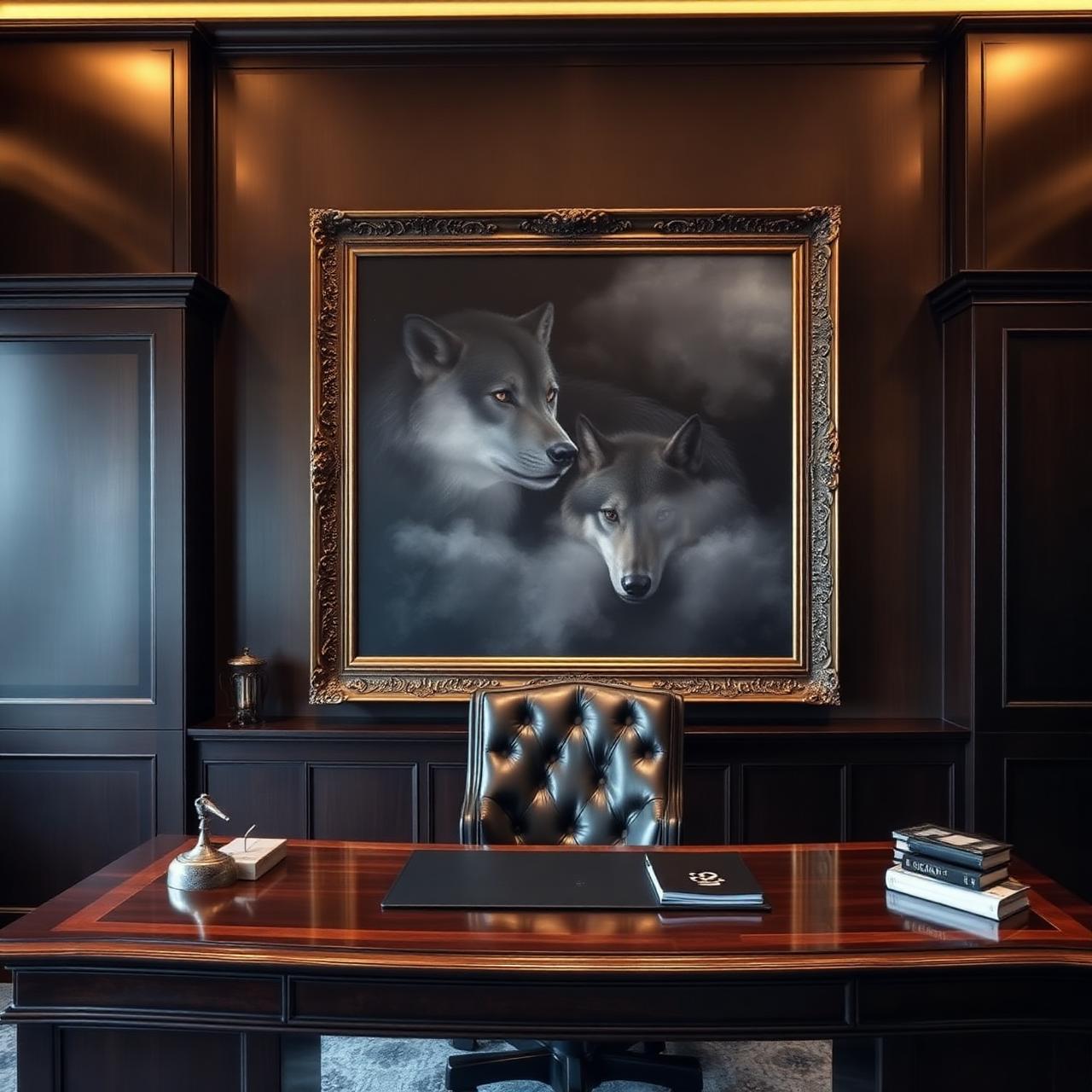 Executive office with framed wolf canvas