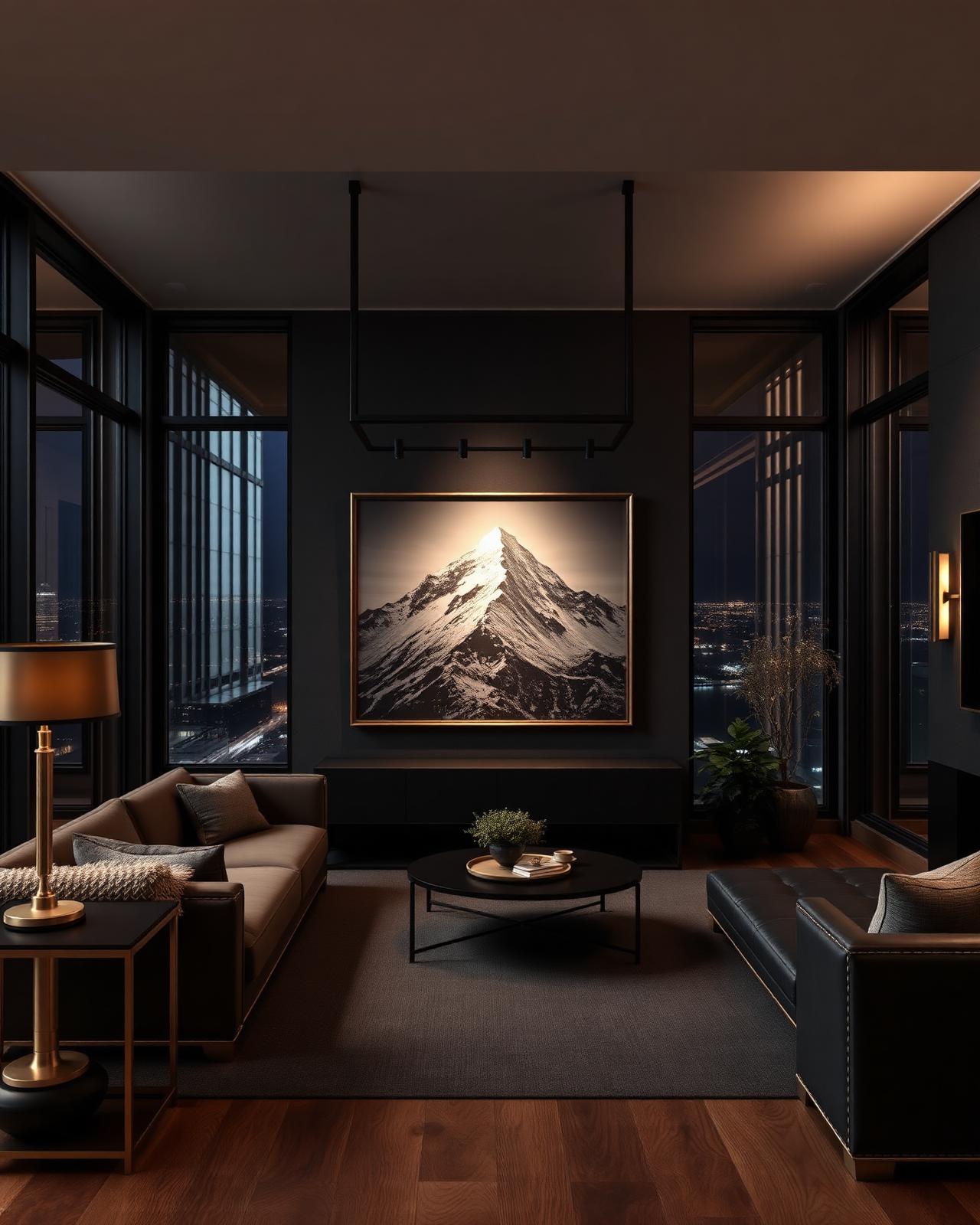 Modern masculine penthouse with mountain canvas